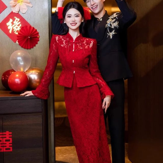 Frog Top Pencil Buttoned Midi Button-Up Waist Skirt + Long-Sleeve Lace High Set: