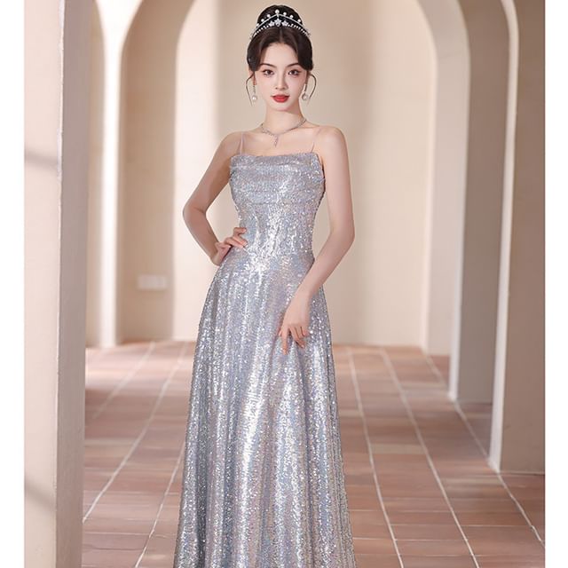 Sequined Strap Evening Spaghetti Gown A-Line