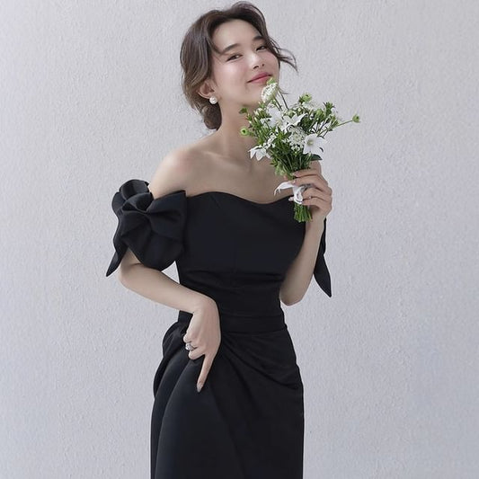 A-Line Gown Puff-Sleeve Off-Shoulder Bow Evening