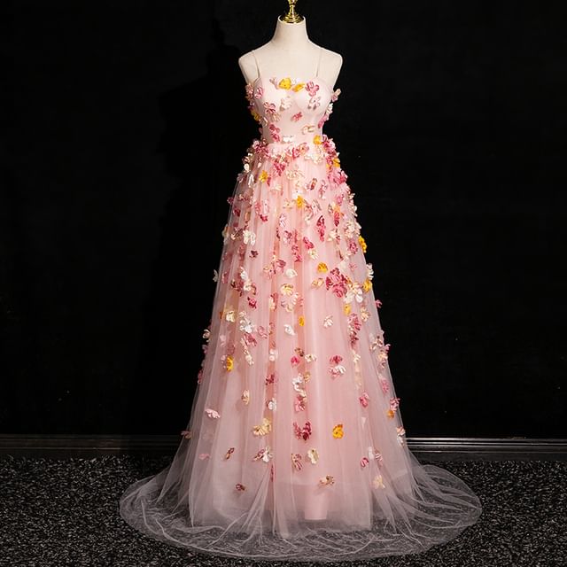 Spaghetti Floral Applique Strap A-Line Gown Evening Mesh