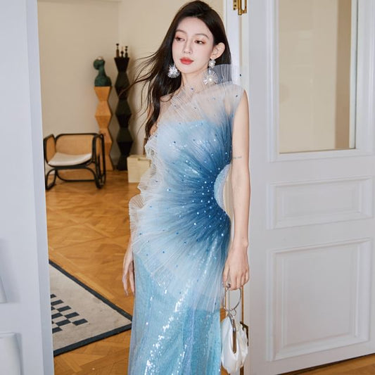 Shoulder Gown Evening Sequined Mermaid Ombre One