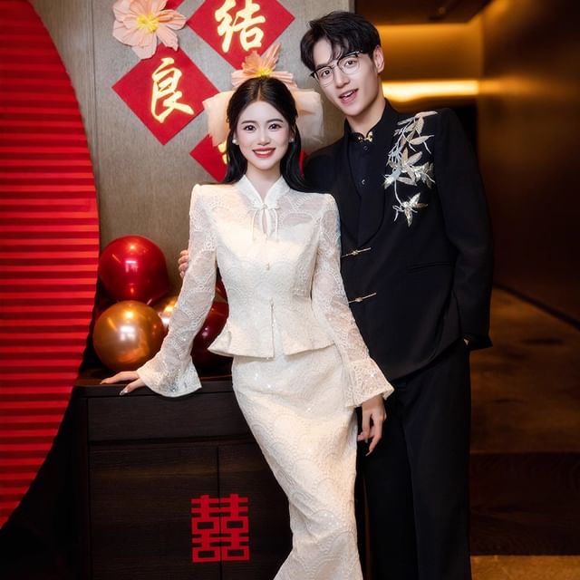 Frog Top Pencil Buttoned Midi Button-Up Waist Skirt + Long-Sleeve Lace High Set: