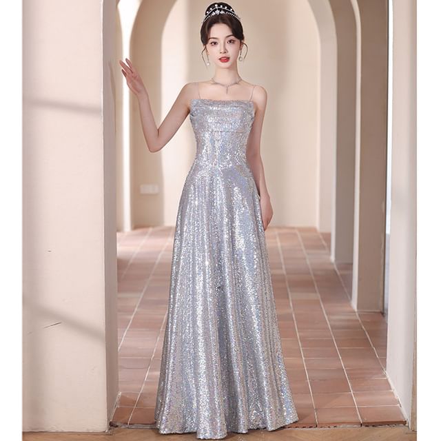 Sequined Strap Evening Spaghetti Gown A-Line