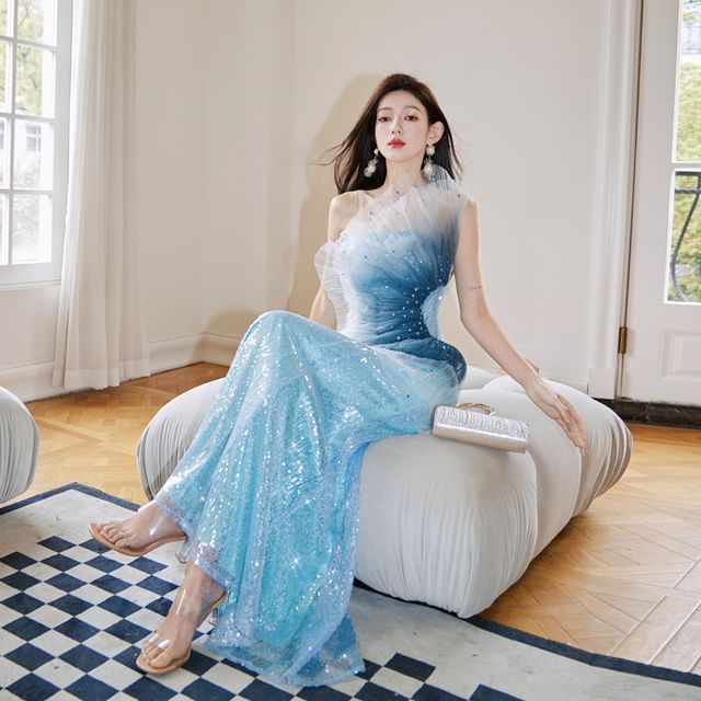 Shoulder Gown Evening Sequined Mermaid Ombre One