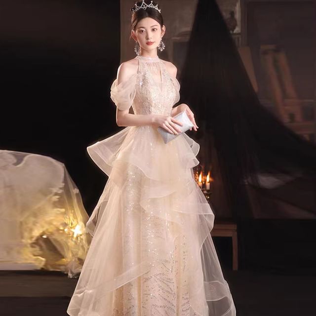 Sequined A-Line Ruffled Evening Gown Cold-Shoulder