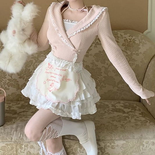 Knit Plain Lace Neck Mini Mock Apron Top Halter / Tiered Rise Set Bow Half Accent Crop Trim Skirt Two-Piece A-Line High Long-Sleeve