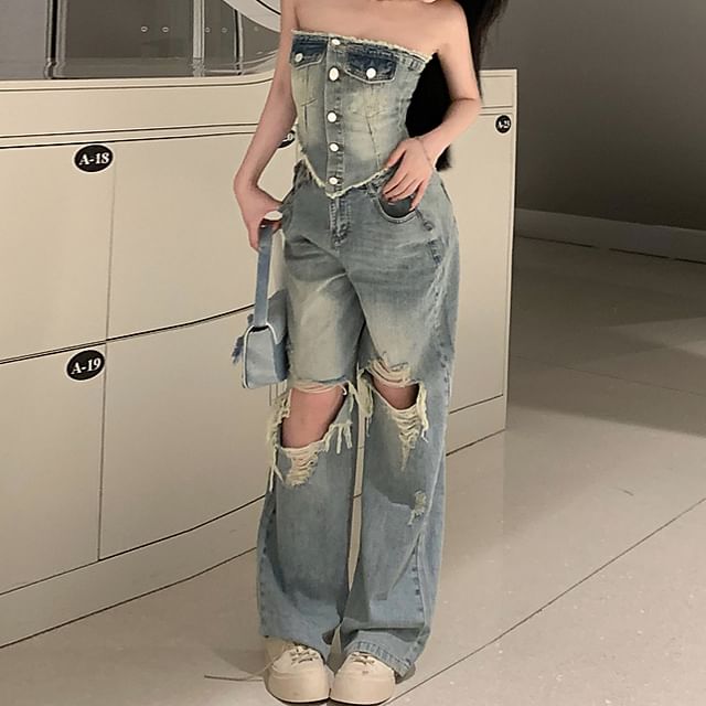 Washed Frayed Button-Up Denim Crop Tube Top / High Rise Ripped Loose Fit Jeans