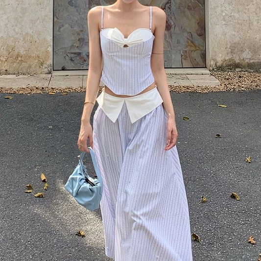 A-Line Neckline Waist Top Crop Cutout Mock High Sweetheart / Striped Skirt Two-Piece Maxi Camisole