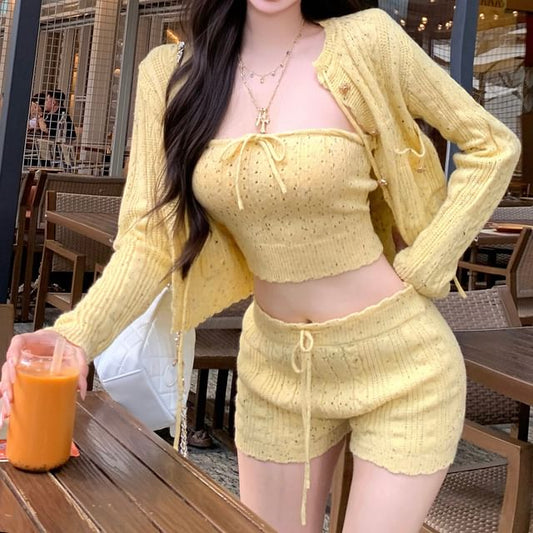 Drawstring Speckle Knit Cardigan Waist Top Pants Crop Tube / Hot Tie Front Perforated