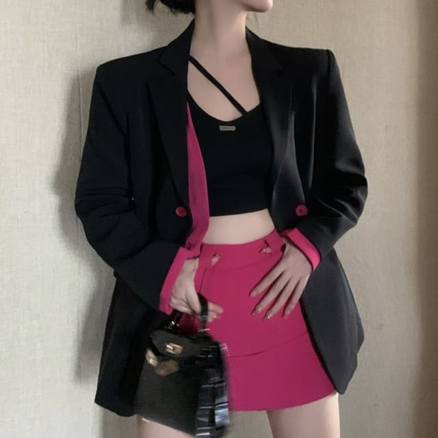 High Waist Plain Mini Pencil Skirt / Mock Two-Piece Notch Lapel Two Tone Blazer (Various Designs)