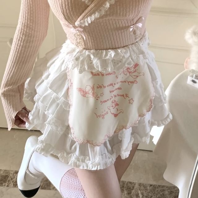 Knit Plain Lace Neck Mini Mock Apron Top Halter / Tiered Rise Set Bow Half Accent Crop Trim Skirt Two-Piece A-Line High Long-Sleeve