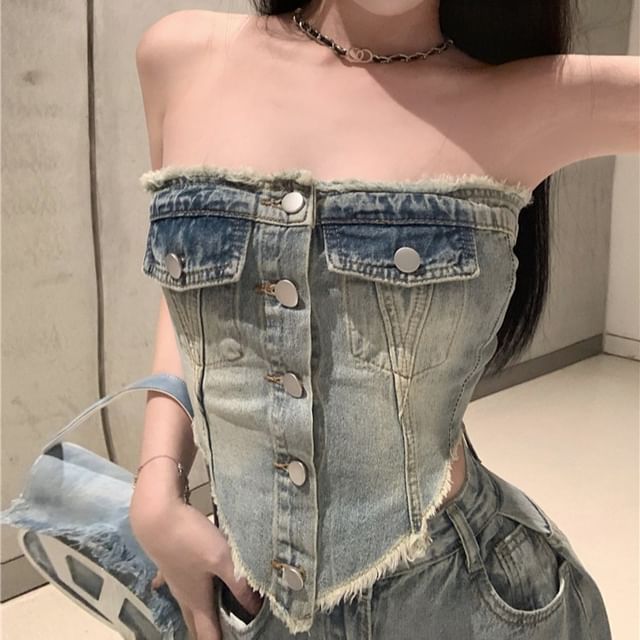 Washed Frayed Button-Up Denim Crop Tube Top / High Rise Ripped Loose Fit Jeans