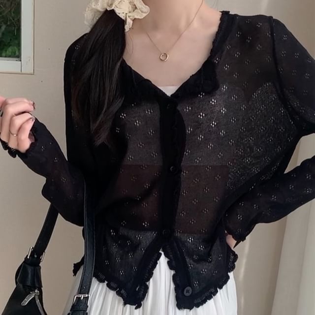 Pointelle Lettuce Knit Cardigan Edge Plain