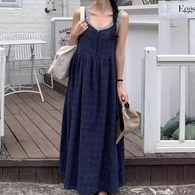 Button-Front Maxi A-Line Dress with Thin Straps