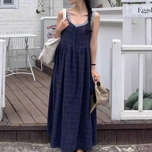 Button-Front Maxi A-Line Dress with Thin Straps