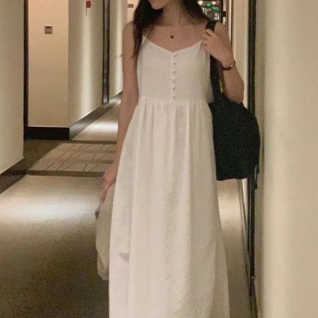Button-Front Maxi A-Line Dress with Thin Straps