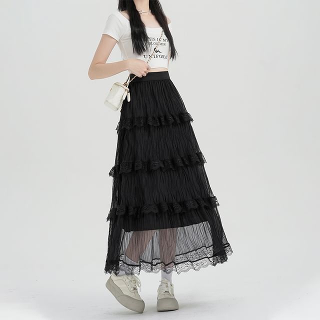 High A-Line Plain Midi Skirt Lace Waist Tiered