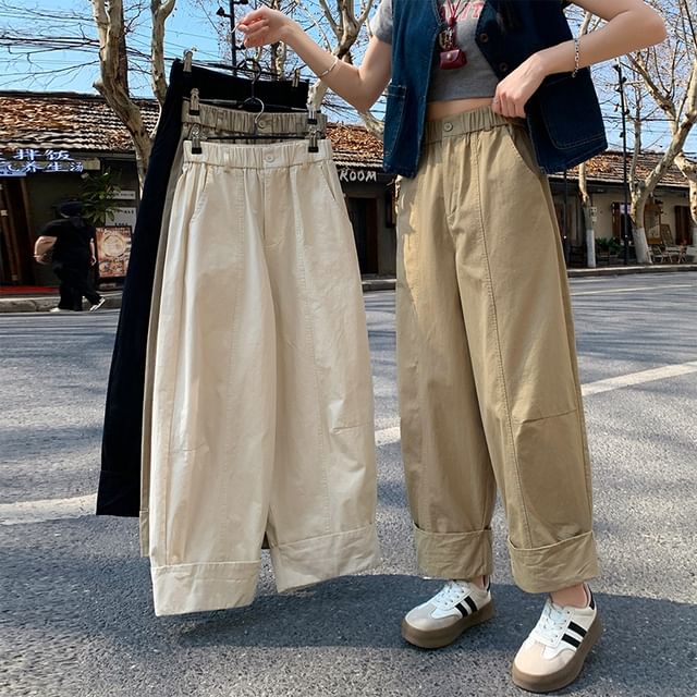 Wide Waist Cropped Elastic Pants Plain Leg