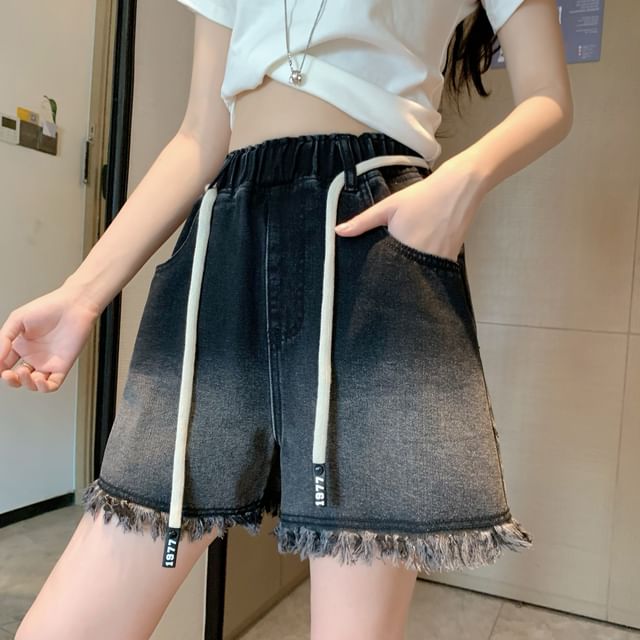 Denim Drawstring Waist Washed Fringed Shorts