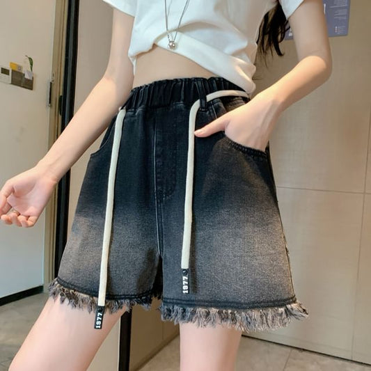 Denim Drawstring Waist Washed Fringed Shorts