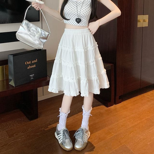 Elastic Waist Trim Ruffle Plain Tiered A-Line Skirt