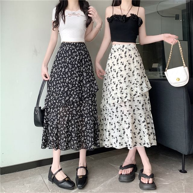 High Tiered Skirt Rise A-Line Floral Slit Midi