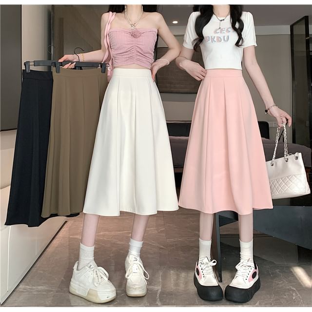Waist Midi Plain High A-Line Skirt