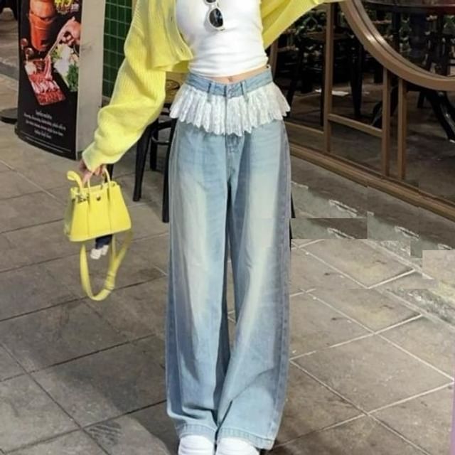 Panel Wide Leg Lace High Jeans Washed Waist