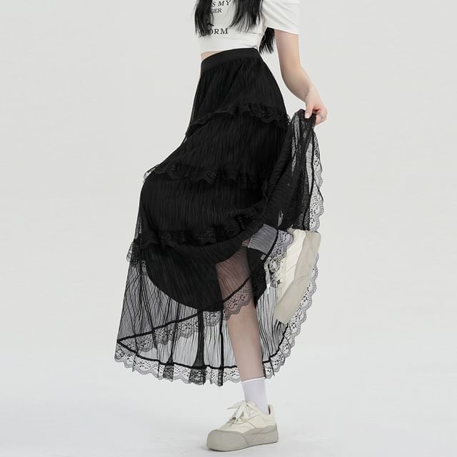High A-Line Plain Midi Skirt Lace Waist Tiered