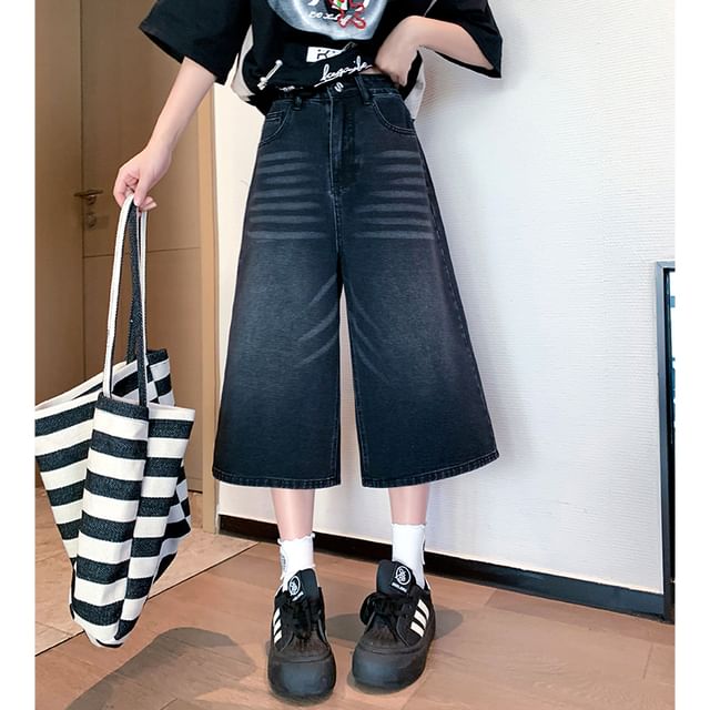 High Jeans Capri Wide Waist Washed Leg