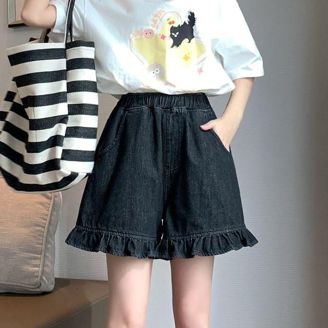 Denim Trim Waist Shorts Elastic Ruffle