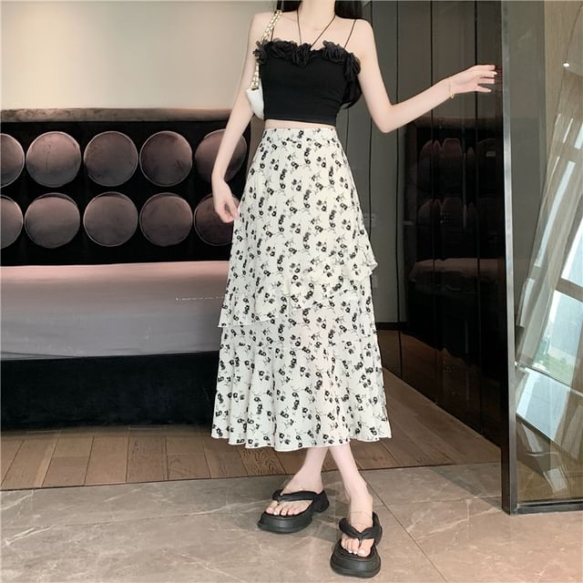 High Tiered Skirt Rise A-Line Floral Slit Midi