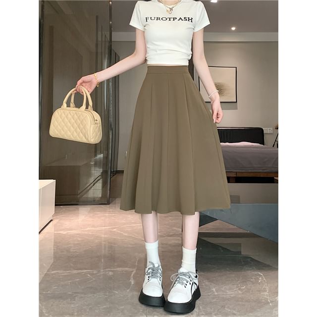 Waist Midi Plain High A-Line Skirt