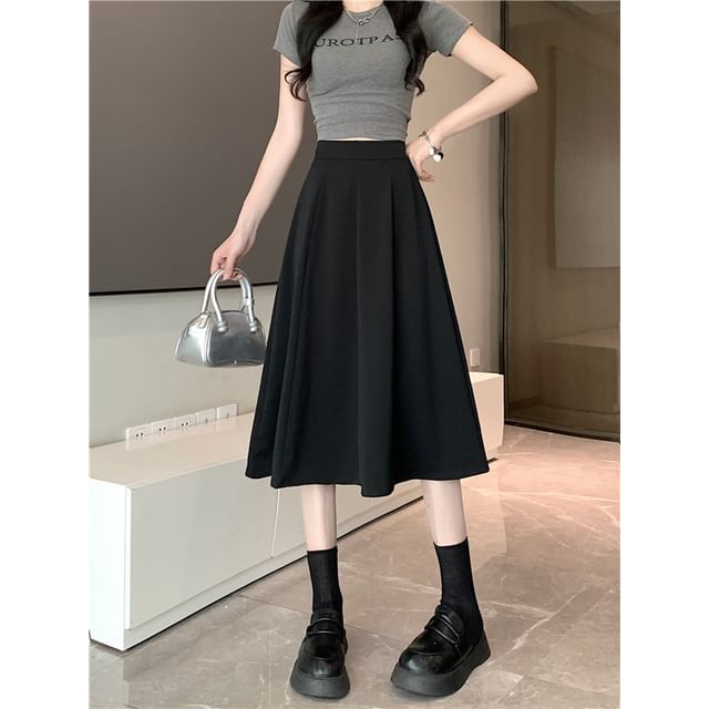 Waist Midi Plain High A-Line Skirt