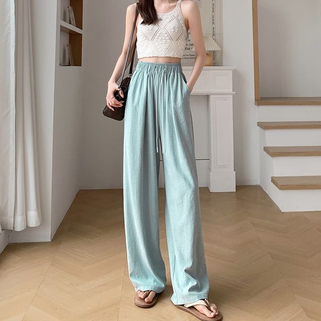 Drawstring Wide Plain Leg Pants Waist