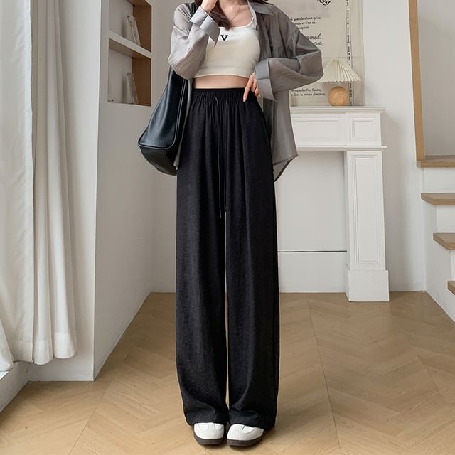 Drawstring Wide Plain Leg Pants Waist