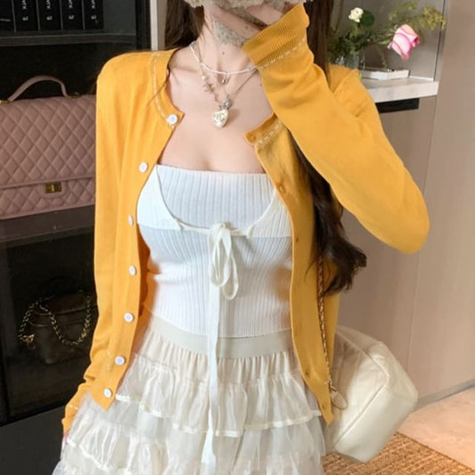 Contrast Crop Top Neck Tank / Cardigan Round Plain Ribbed Tie Front Stitching Knit