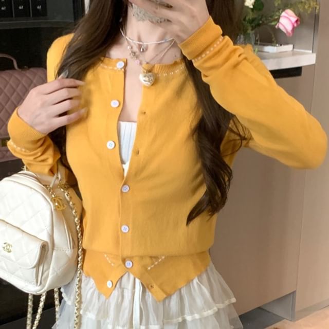 Contrast Crop Top Neck Tank / Cardigan Round Plain Ribbed Tie Front Stitching Knit