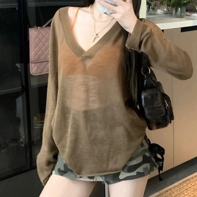 Long-Sleeve Bralette Knit Top Plain / V-Neck