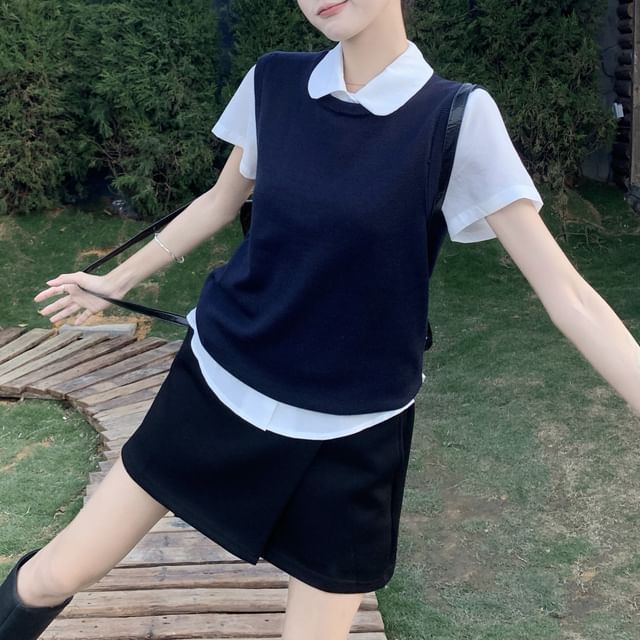 Plain Mini Skirt Sweater / Short Sleeve High Neck Waist A-Line Collared Vest Shirt Round