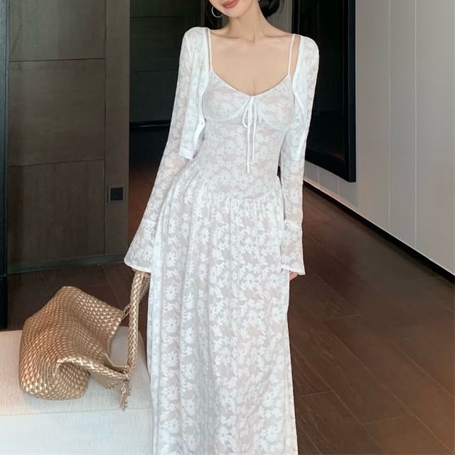 Jacquard Dress Maxi Strap Bolero A-Line Floral / Spaghetti