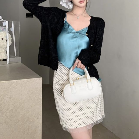 Cami Plain Dotted / V-Neck Embroidered High Cardigan Skirt Top Mini Rise Pencil Satin