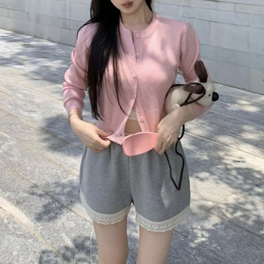 / Padded High Sweat V-Neck Plain Waist Panel Top Neck Lace Round Camisole Shorts Cardigan