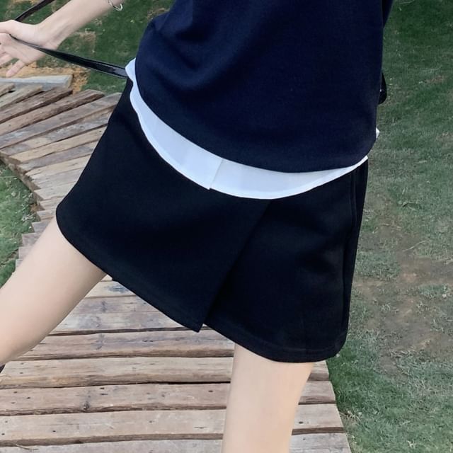 Plain Mini Skirt Sweater / Short Sleeve High Neck Waist A-Line Collared Vest Shirt Round