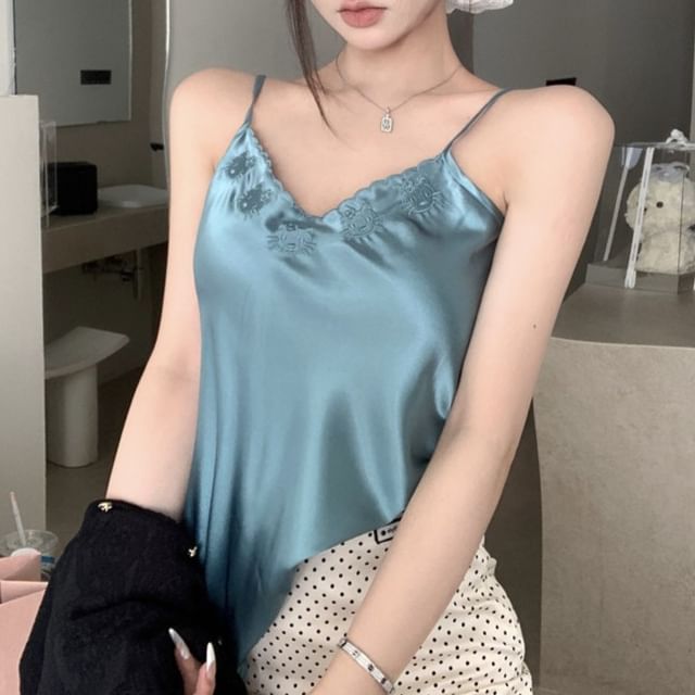 Cami Plain Dotted / V-Neck Embroidered High Cardigan Skirt Top Mini Rise Pencil Satin