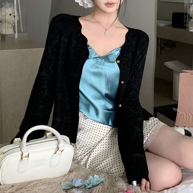 Cami Plain Dotted / V-Neck Embroidered High Cardigan Skirt Top Mini Rise Pencil Satin