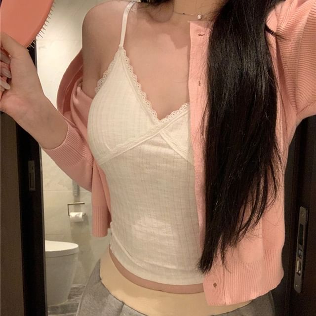 / Padded High Sweat V-Neck Plain Waist Panel Top Neck Lace Round Camisole Shorts Cardigan