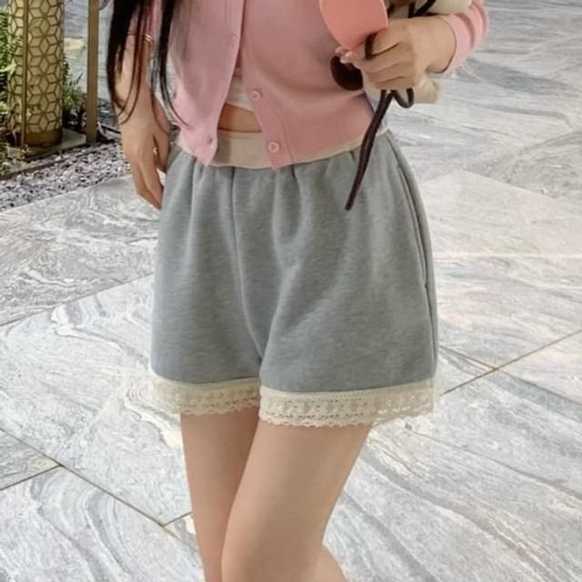 / Padded High Sweat V-Neck Plain Waist Panel Top Neck Lace Round Camisole Shorts Cardigan