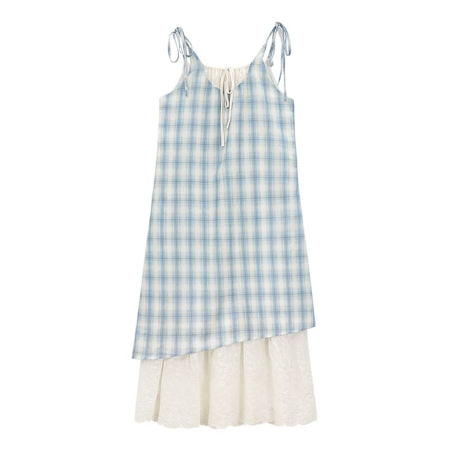Plaid Lace Trim Mock Two-Piece Maxi Sundress with Spaghetti Straps