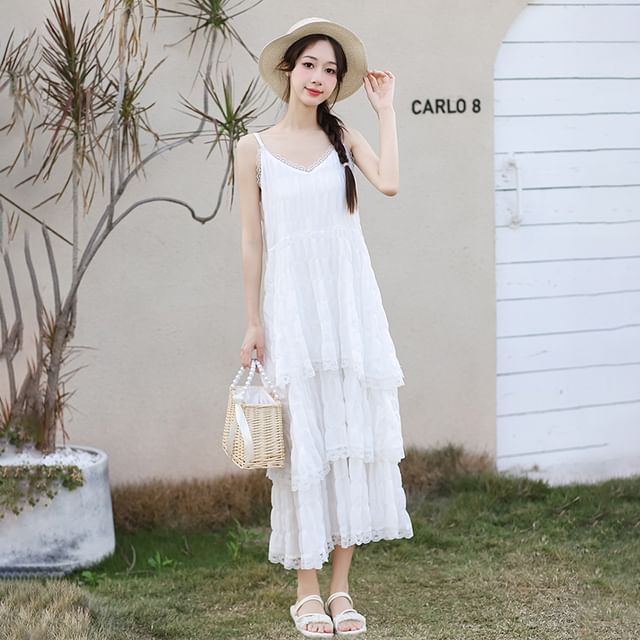 Lace Maxi A-Line Dress with V-Neck and Thin Straps
